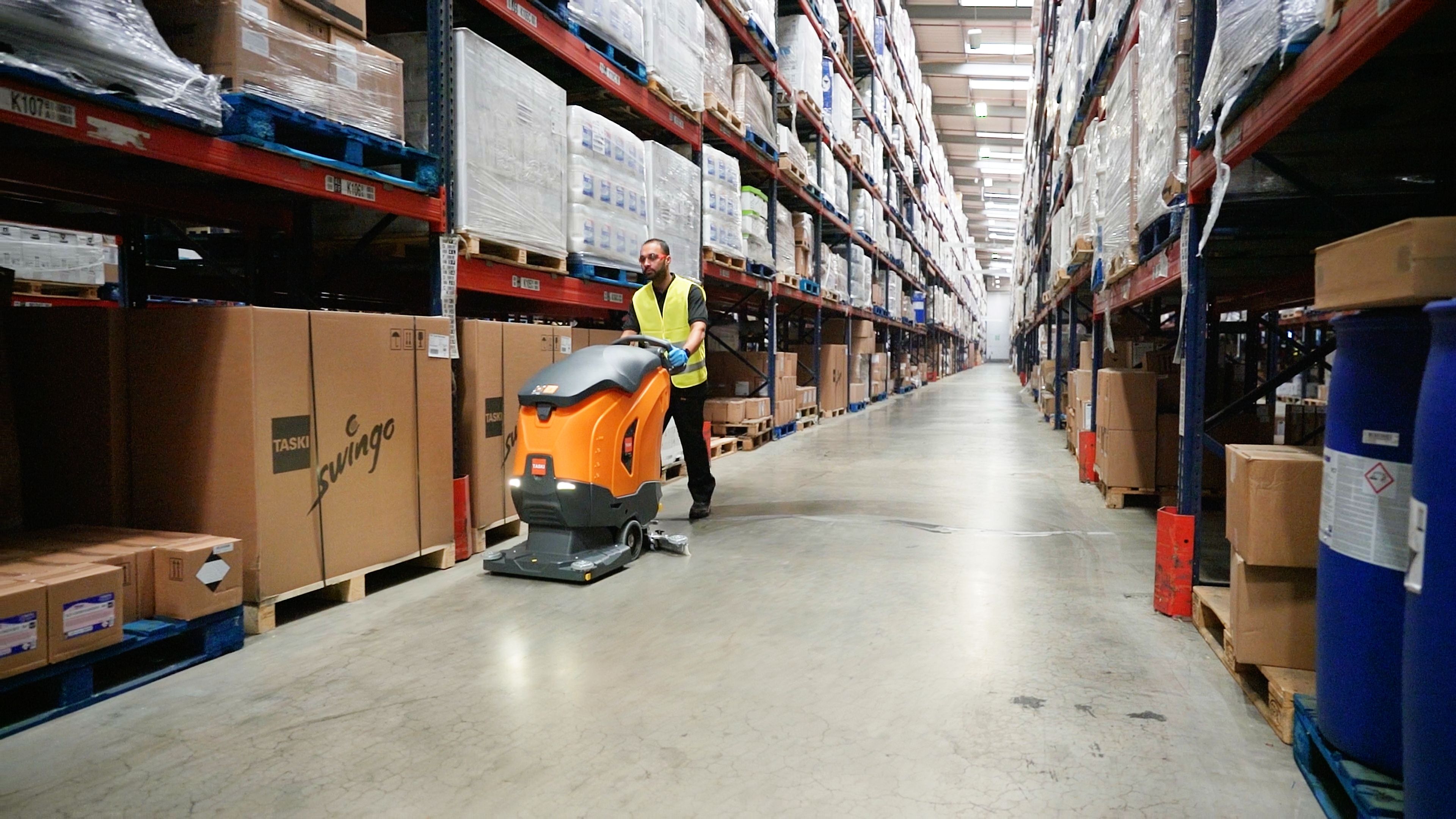 TASKI Ultimaxx floor scrubber in action during the shoot