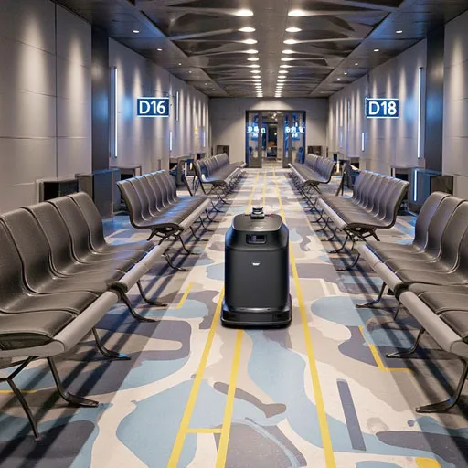 Gausium Phantas robotic floor cleaner in airport lounge, AI-generated product visualisation