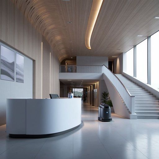 Gausium Phantas robotic floor cleaner in office lobby, AI-generated product visualisation
