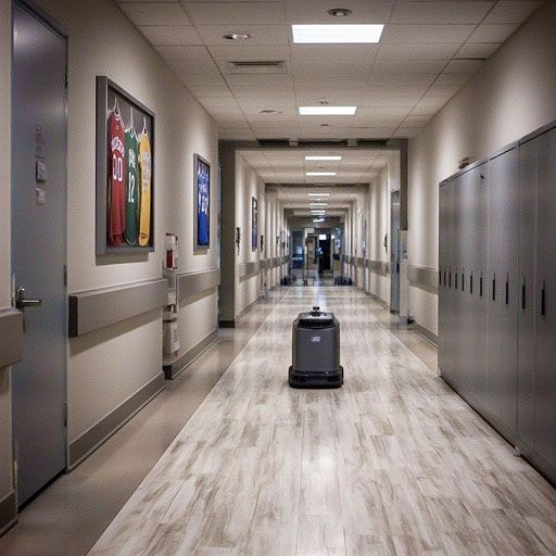 Gausium Phantas robotic floor cleaner in school hallway, AI-generated product visualisation