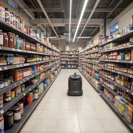 Gausium Phantas robotic floor cleaner in supermarket, AI-generated product visualisation