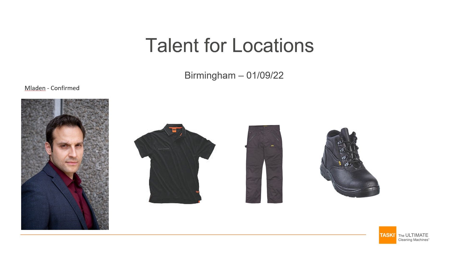 Talent casting reference — first talent option for the TASKI Ultimaxx shoot